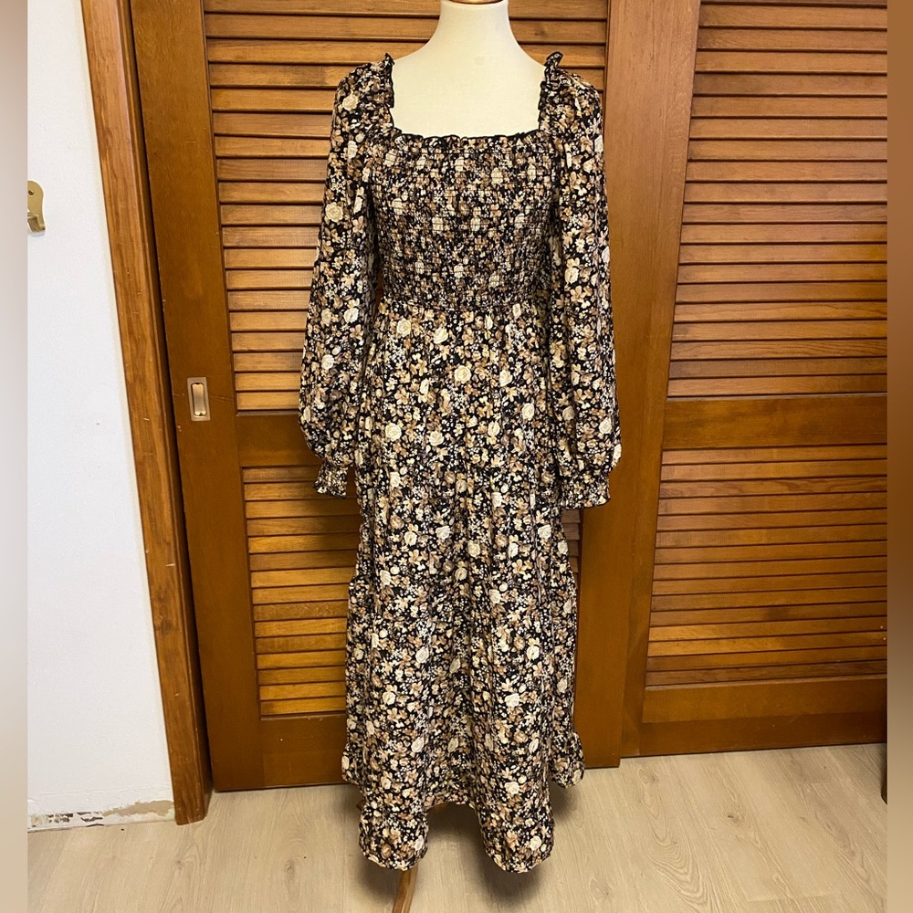 Blu Pepper Black and Cream Floral Long Sleeve Dress